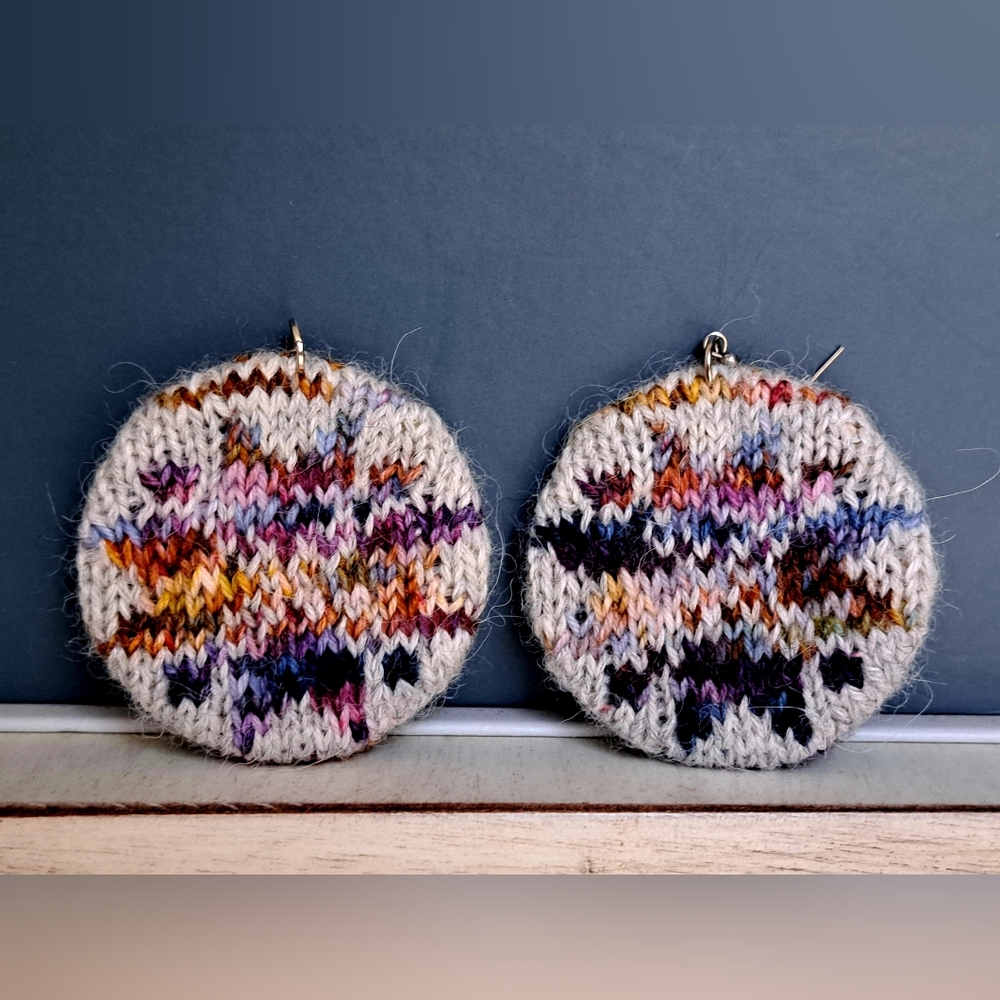 Hand Knitted Circle Earrings Multicolor Winter Flower Grey Purple Premium Yarn
